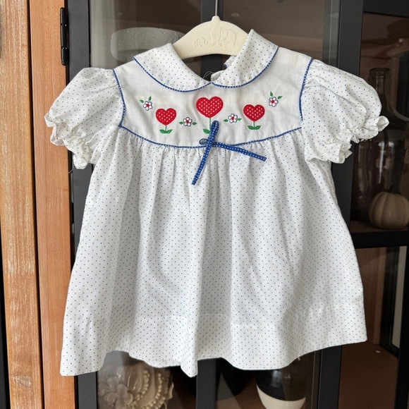 Vintage 1980s Sears embroidered dress applique Hearts bow Baby Polka Dots girl - Picture 1 of 7